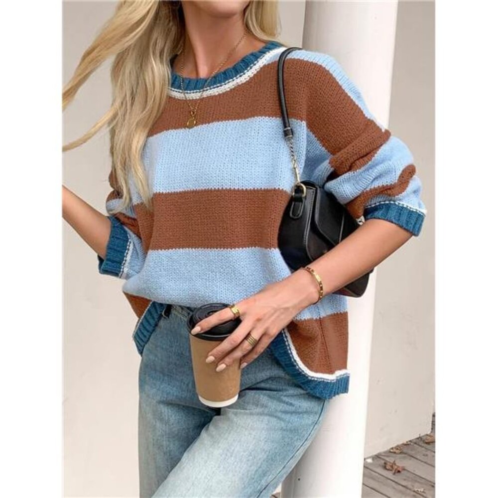 Womens Oversized Sweaters Casual Long Sleeve Striped Color Block - Picture 3 of 6